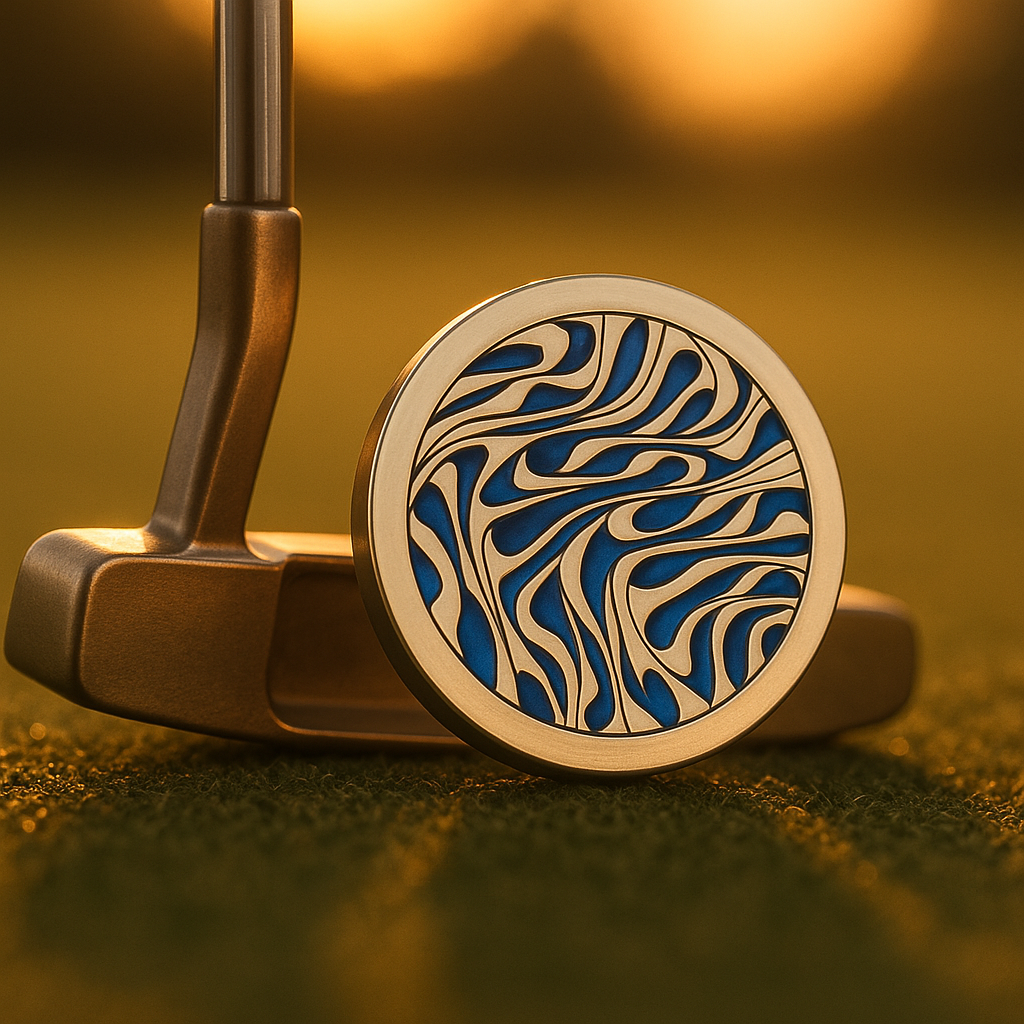 Silver-haired male golfer holding The Labyrinth golf ball marker toward the camera with the ball marker in focus, set against a soft-focus golf course background at golden hour.
