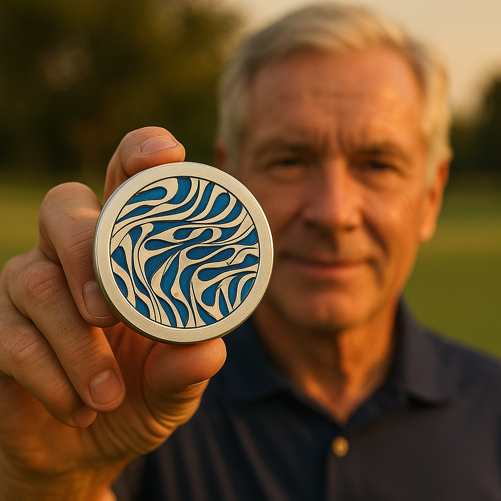 Silver-haired male golfer holding The Labyrinth golf ball marker toward the camera with the ball marker in focus, set against a soft-focus golf course background at golden hour.