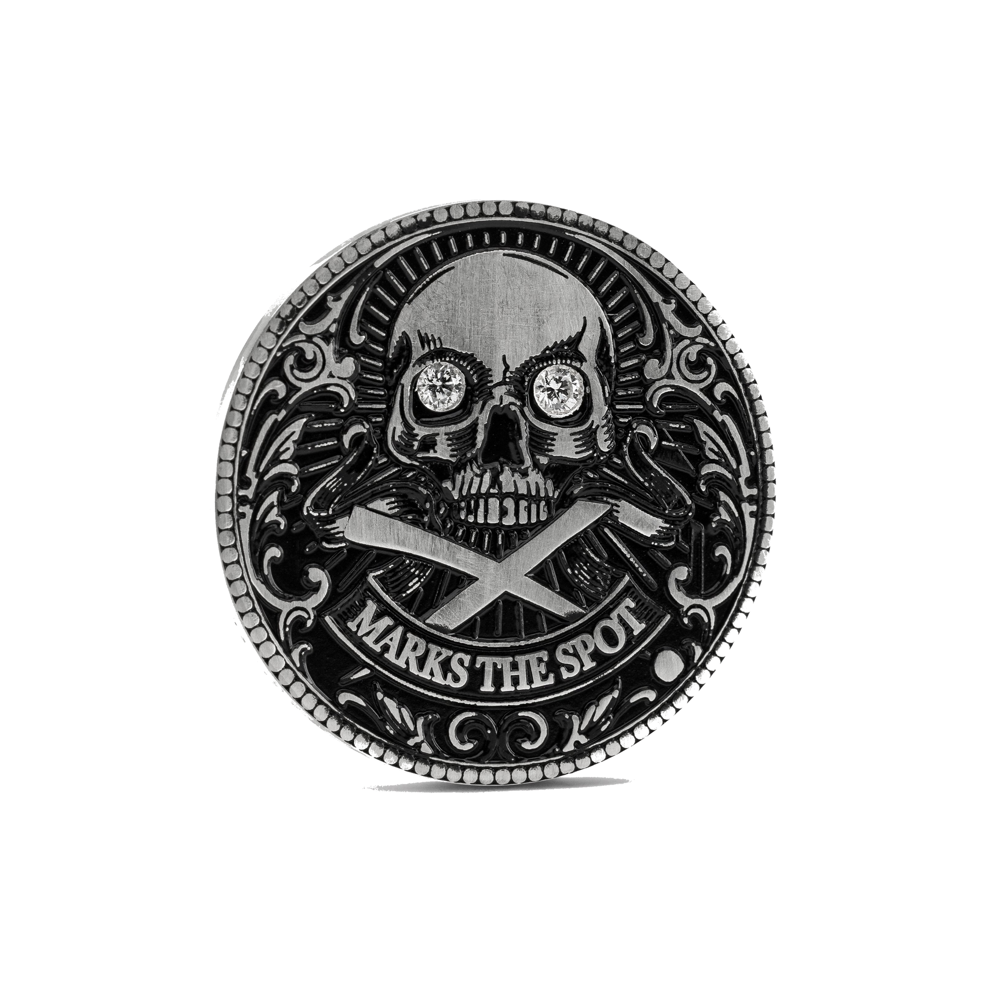 Decorative custom golf ball marker with skull design, diamonds in the eyes and 'X Marks the Spot' text on a white background
