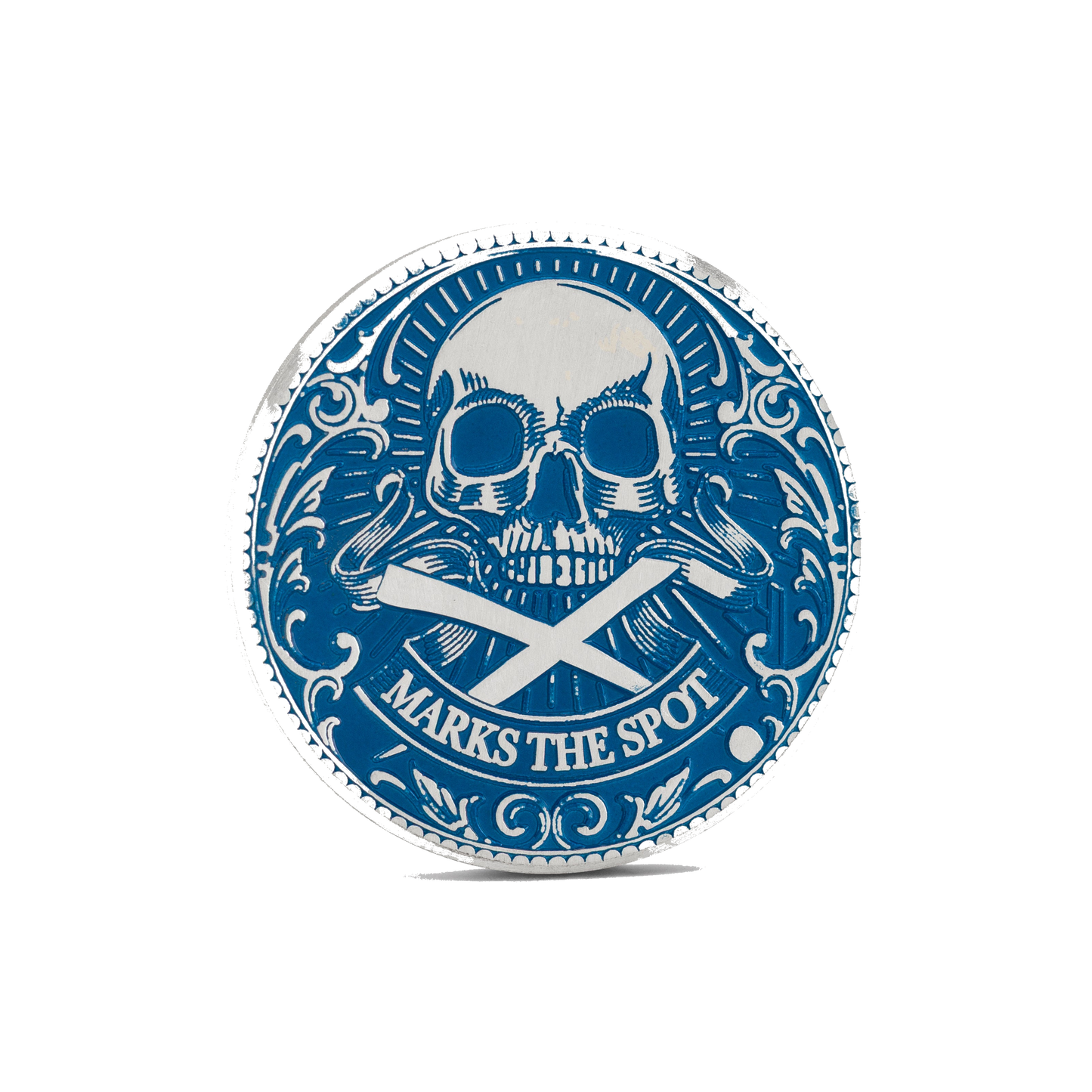 The Silver Omen Antique, Color Edition Golf Ball Marker — hero view showcasing brilliant-cut diamond in silver setting