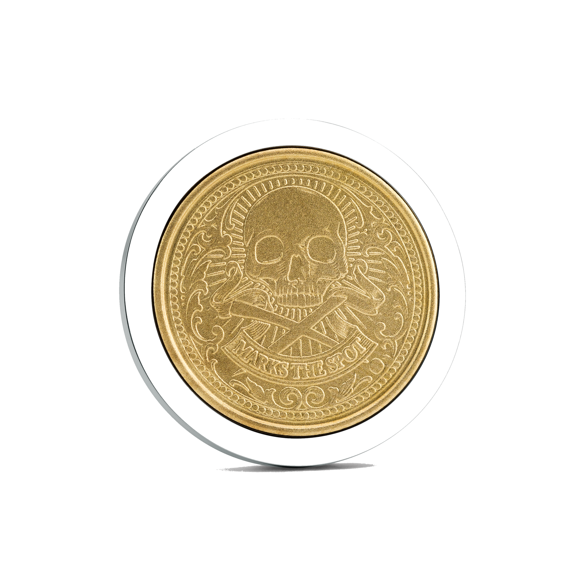 The Omen IV Golf Ball Marker — hero view showcasing polished silver finish