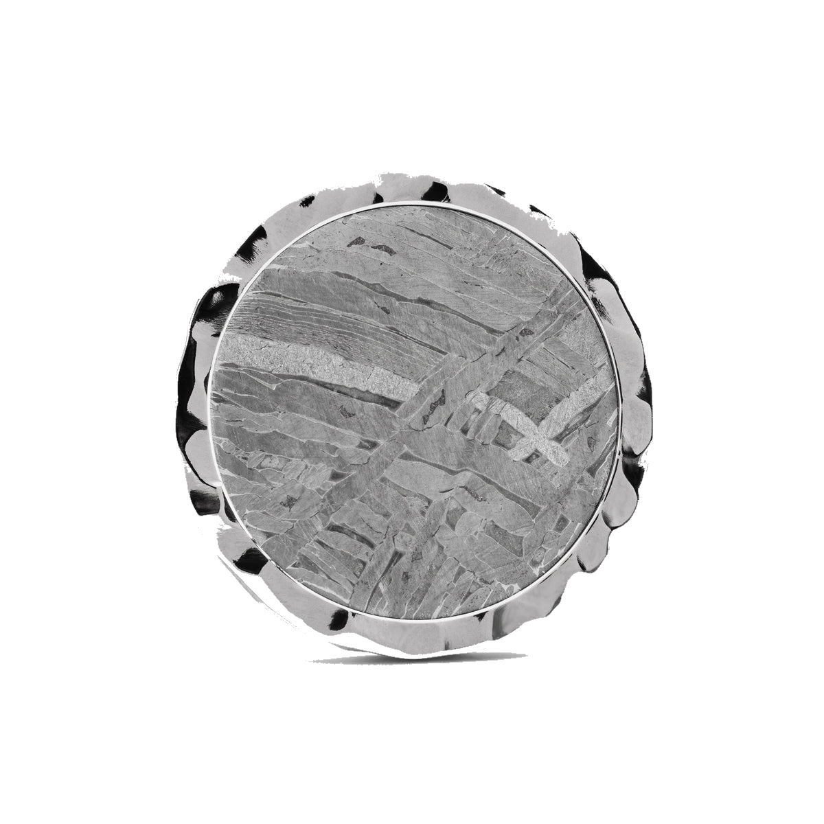 The Colossus Golf Ball Marker — hero view showcasing Widmanstatten pattern