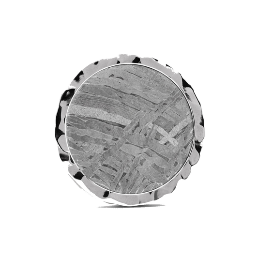 The Colossus Golf Ball Marker — hero view showcasing Widmanstatten pattern