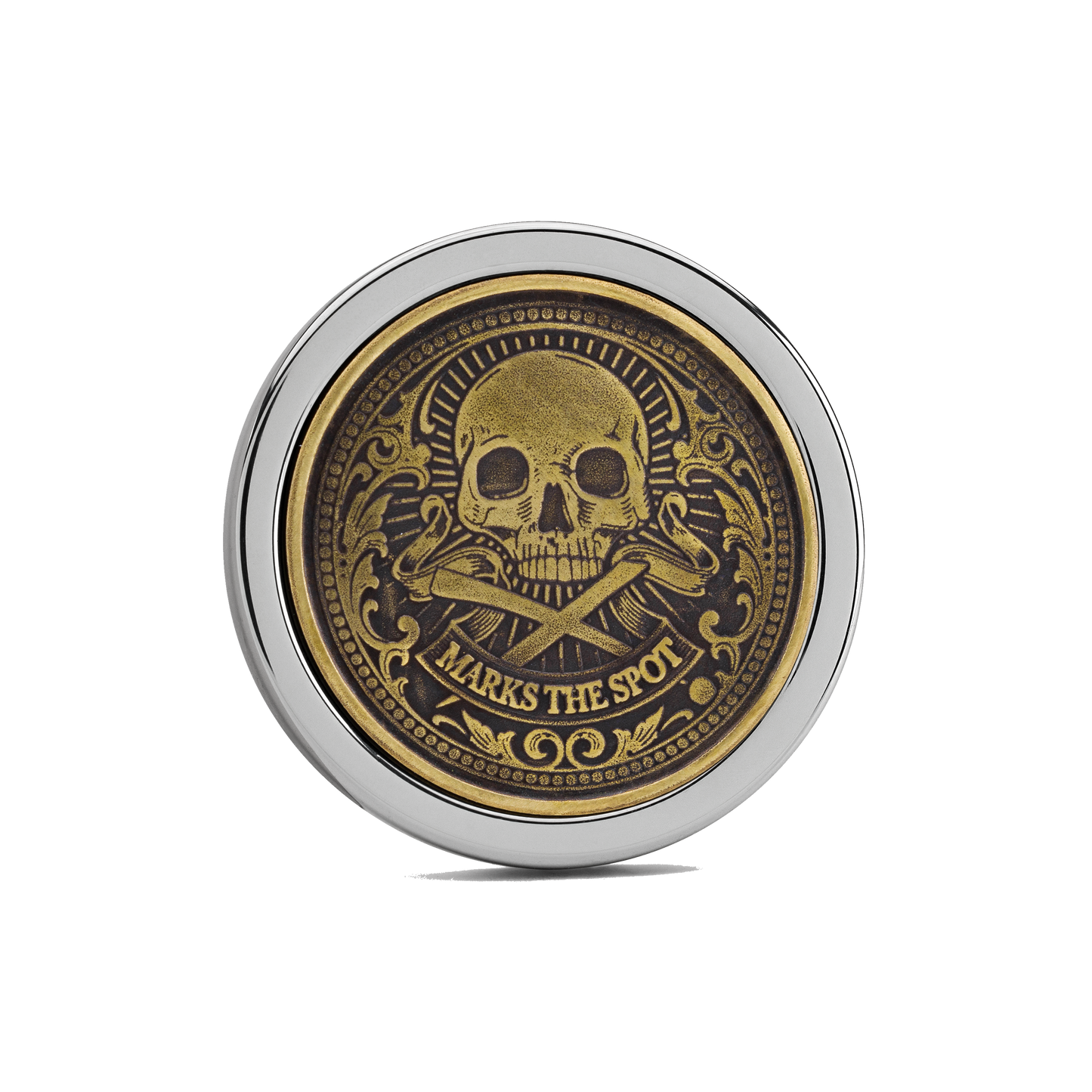The Omen IV Antique Golf Ball Marker — hero view showcasing polished silver finish