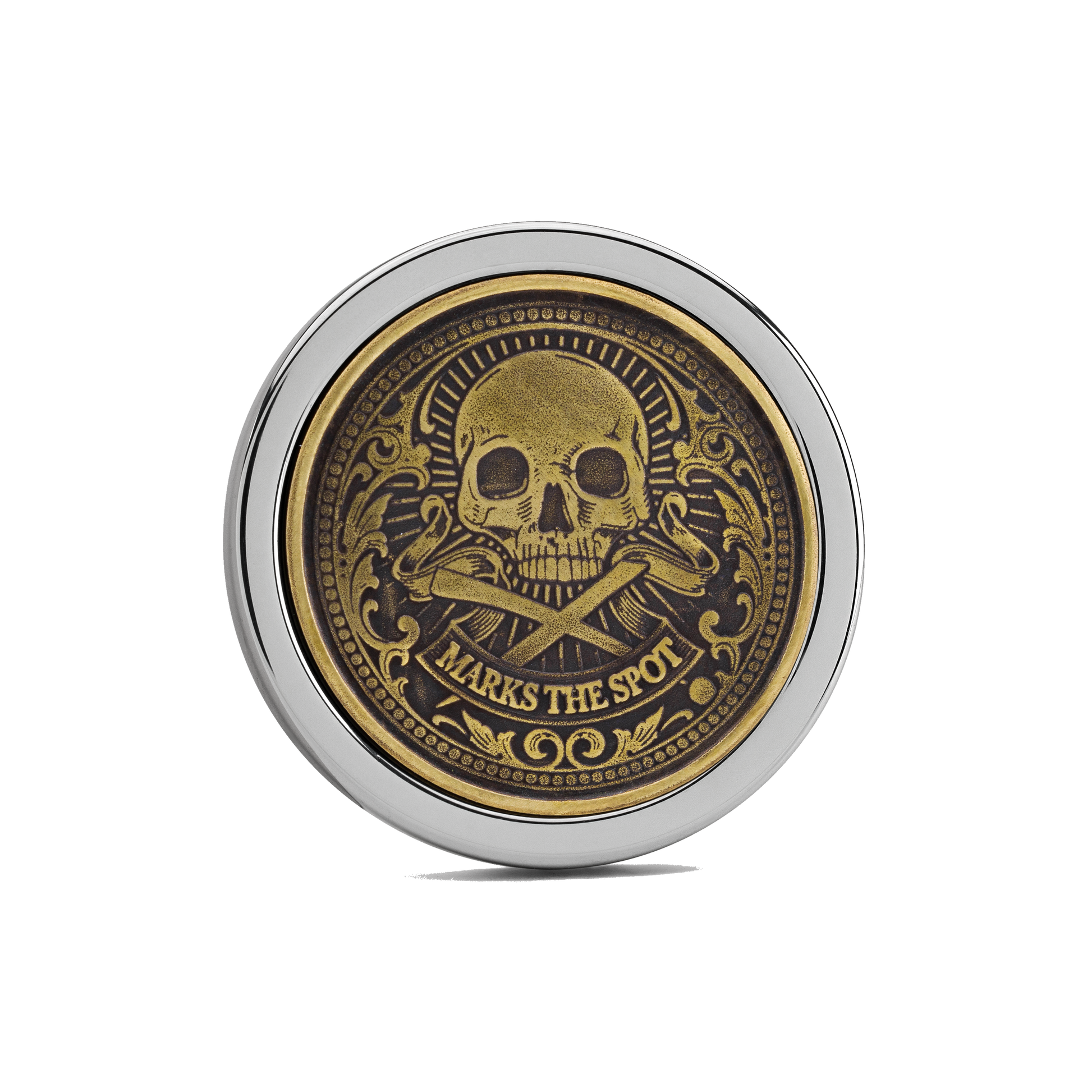 The Omen IV Antique Golf Ball Marker — hero view showcasing polished silver finish