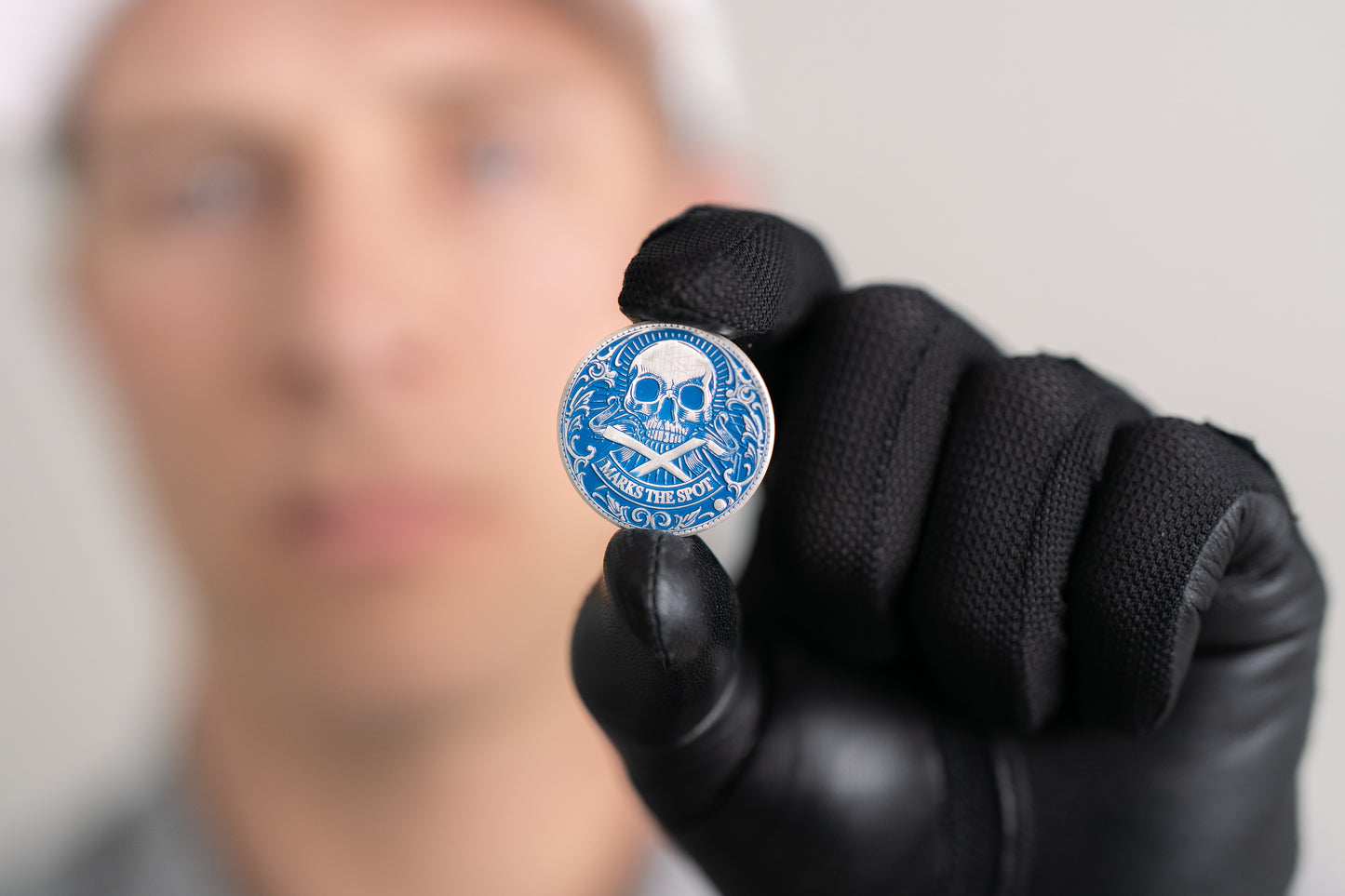 The Silver Omen Antique, Color Edition Golf Ball Marker — professional photograph showing diamond and sterling silver finish