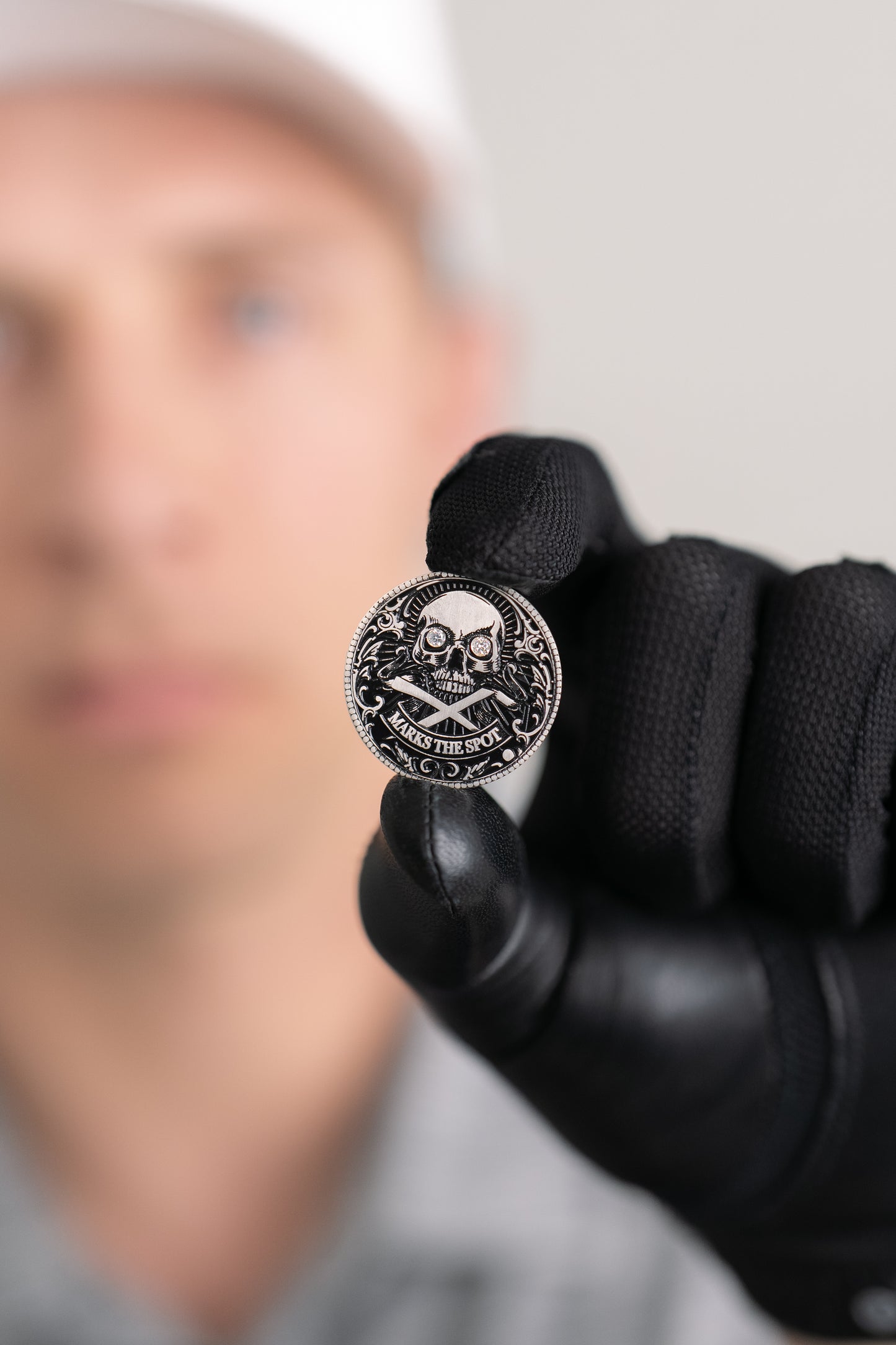 The Omen Classic Antique, Diamond & Silver Edition Golf Ball Marker — professional photograph showing diamond and sterling silver finish