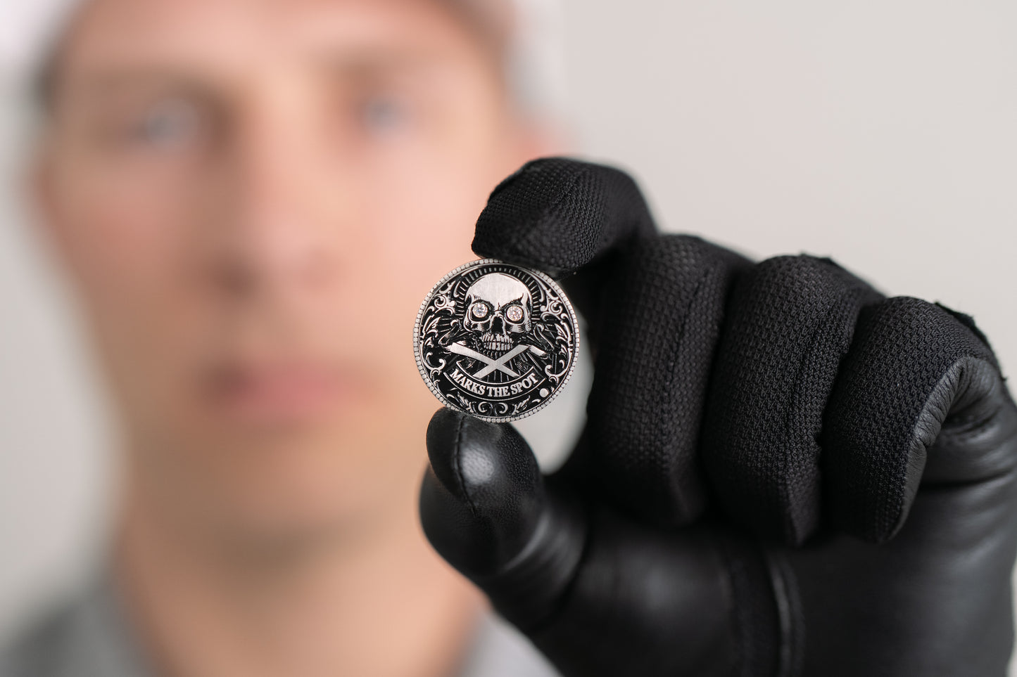 The Omen Classic Antique, Diamond & Silver Edition Golf Ball Marker — professional photograph showing diamond and sterling silver finish