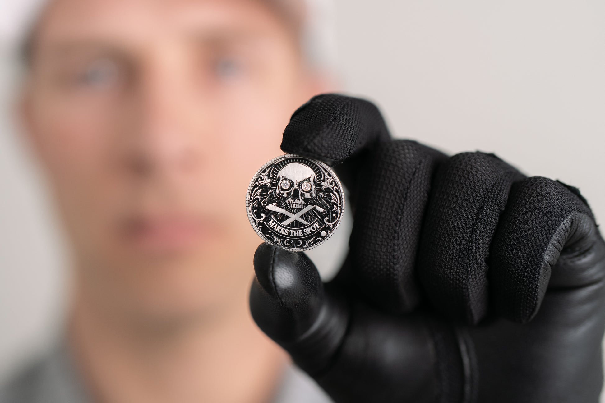 The Omen Classic Antique, Diamond & Silver Edition Golf Ball Marker — professional photograph showing diamond and sterling silver finish