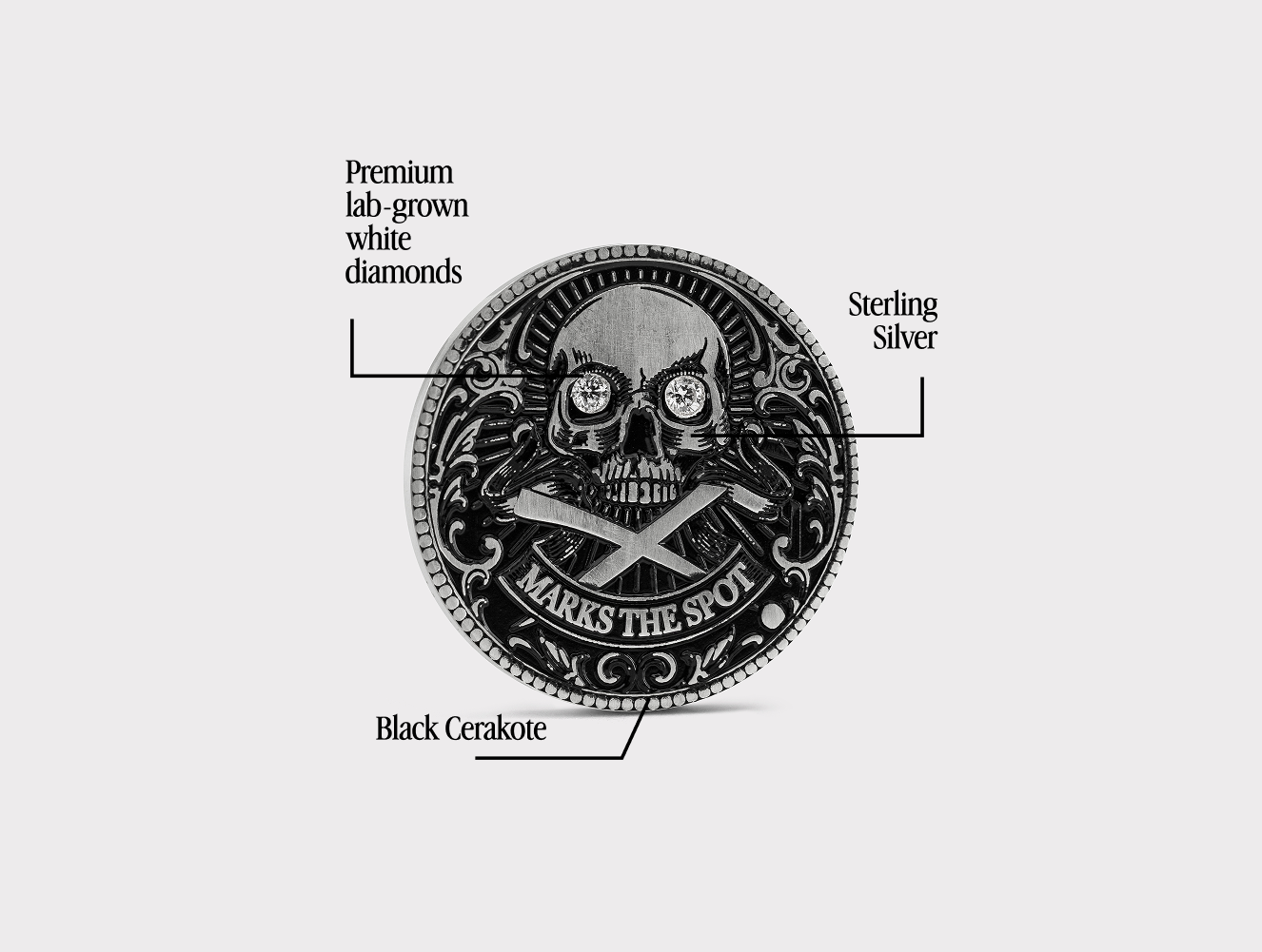 The Omen Classic Antique, Diamond & Silver Edition Golf Ball Marker — alternate angle showing diamond and sterling silver finish